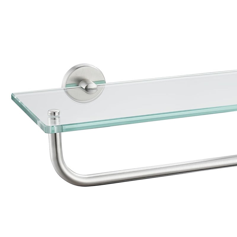 JQK Bathroom Glass Shelf, Shelf with 15 Inch Towel Bar Tempered Glass Shower Storage 16 by 5 inches, 304 Stainless Steel Brushed Finish Wall Mount, TGS100-BN - Image 1